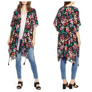 TROUVÉ Floral Print Tassel Ruana